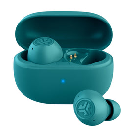 JLab Go Pop ANC front view showing teal earbuds and benefits of compact ANC