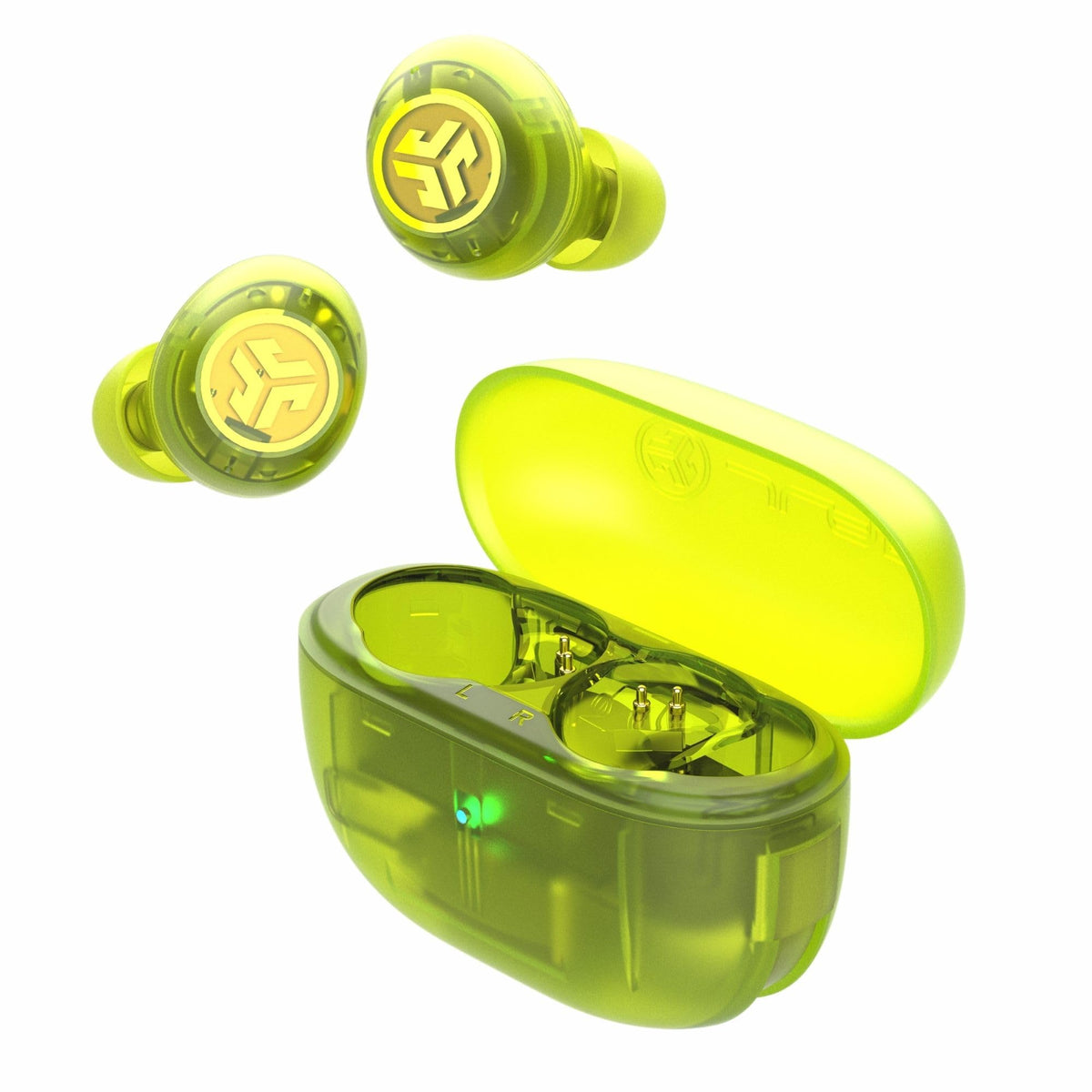 JLab Go Pop ANC front view showing transparent neon green earbuds and case, stylish portability