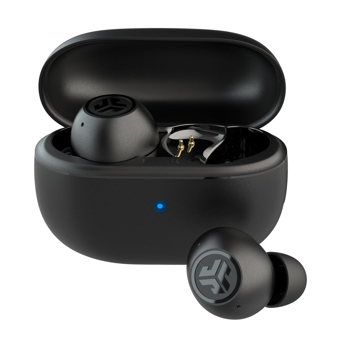 JLab Go Pop ANC front view showing sleek black case and earbuds for portable listening