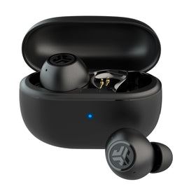 JLab Go Pop ANC front view showing sleek black case and earbuds for portable listening