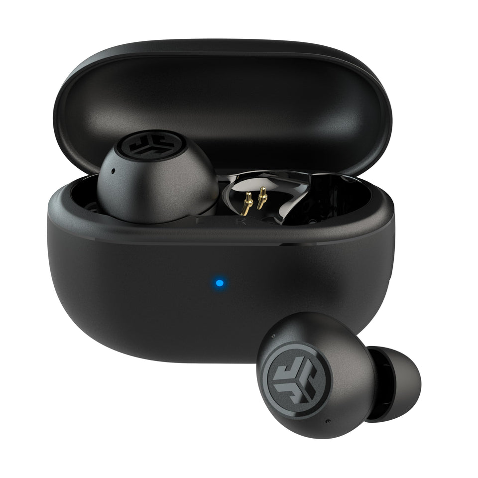 JLab Go Pop ANC front view showing sleek black case and earbuds for portable listening