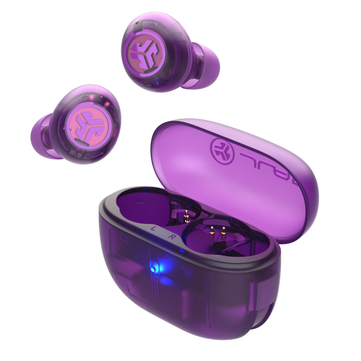 JLab Go Pop ANC front view showing transparent purple finish and compact case