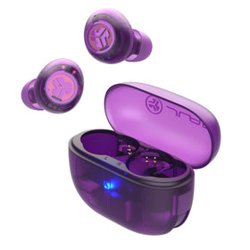 JLab Go Pop ANC front view showing transparent purple finish and compact case