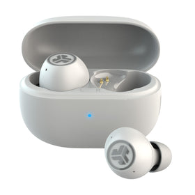 JLab Go Pop ANC front view showing earbuds and cloud white finish for stylish portability
