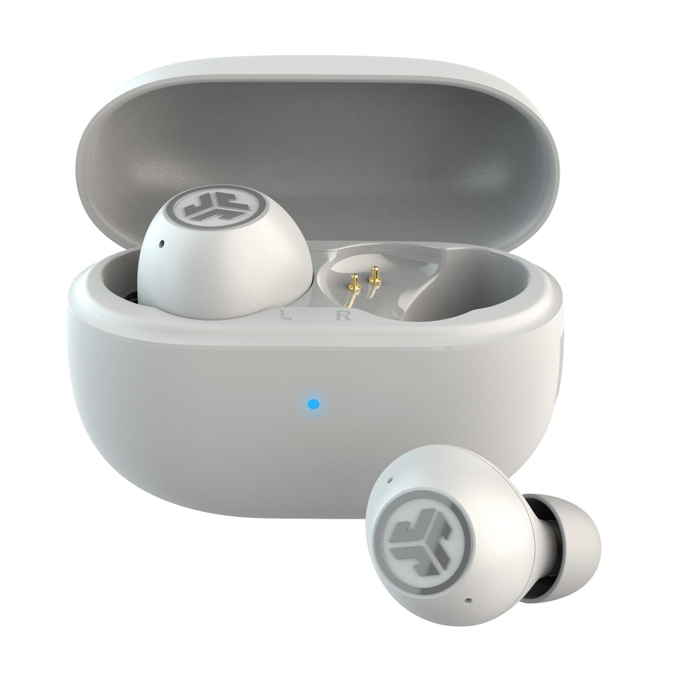 JLab Go Pop ANC front view showing earbuds and cloud white finish for stylish portability