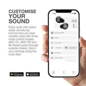 JLab Go Pop ANC earbud in ear demonstrating secure fit and comfortable all-day wear