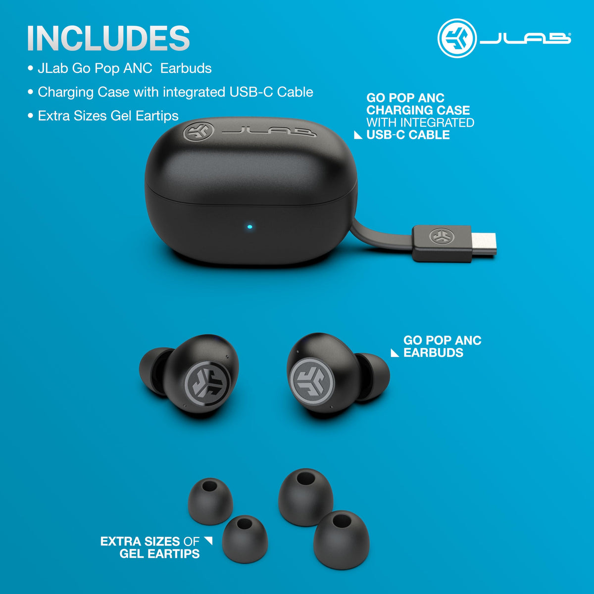 JLab Go Pop ANC lifestyle commute scene with earbuds used for noise reduction and focus