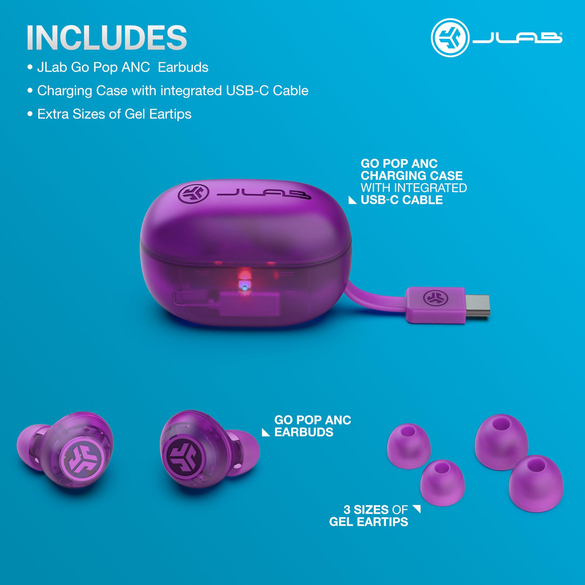 JLab Go Pop ANC packaging with accessories including gel eartips and built-in cable
