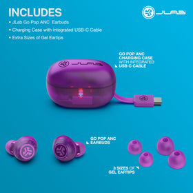 JLab Go Pop ANC packaging with accessories including gel eartips and built-in cable