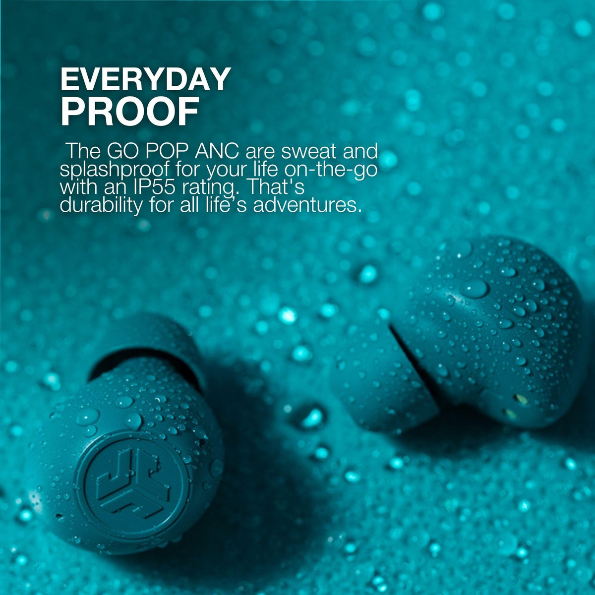 JLab Go Pop ANC touch controls being used on an earbud for quick playback control