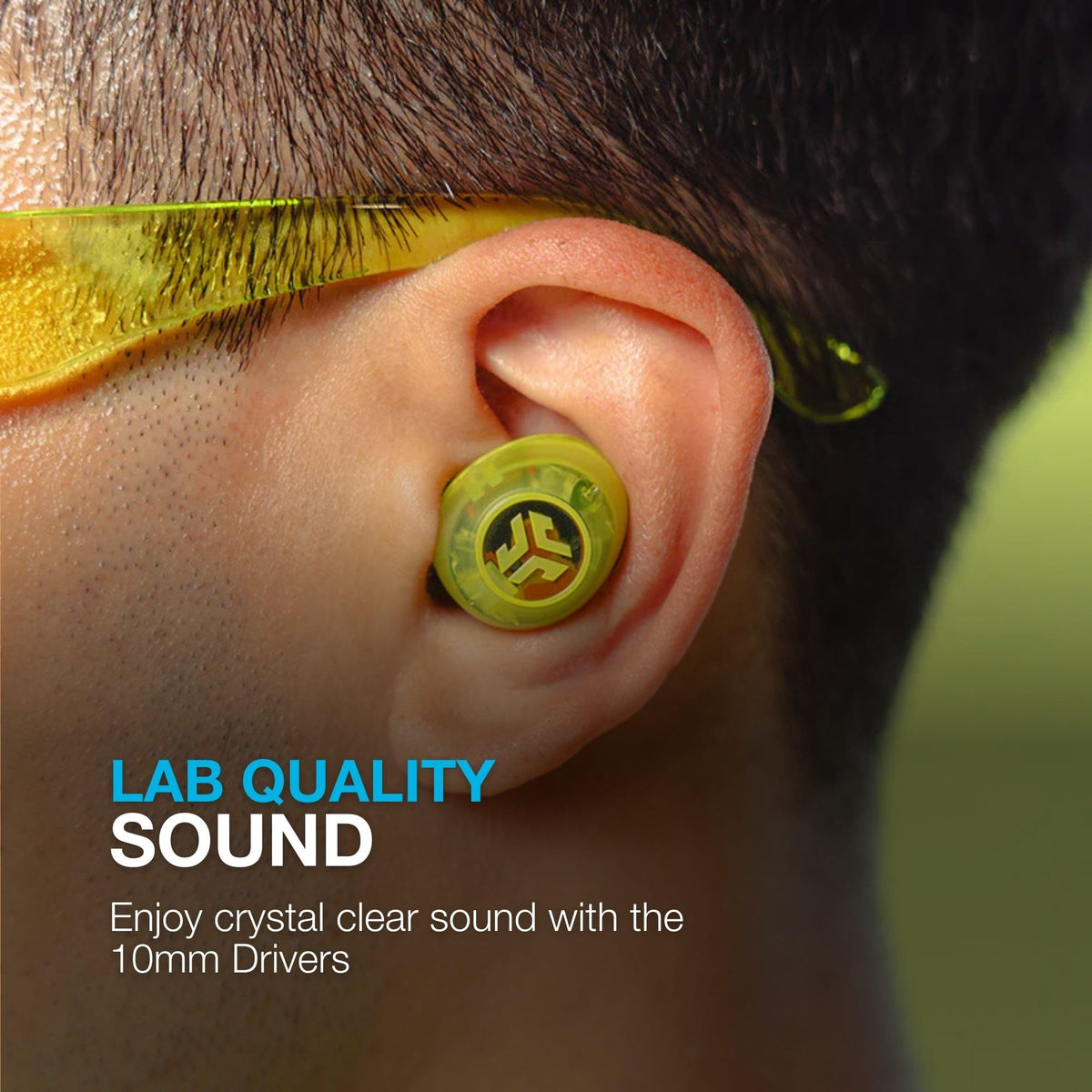 JLab Go Pop ANC transparent neon green shell detail highlighting unique color and style