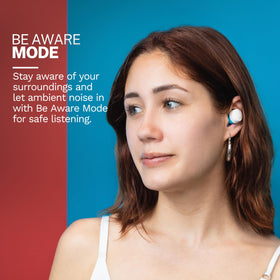 JLab Go Pop+ earbud close-up texture and buttons, demonstrates compact design