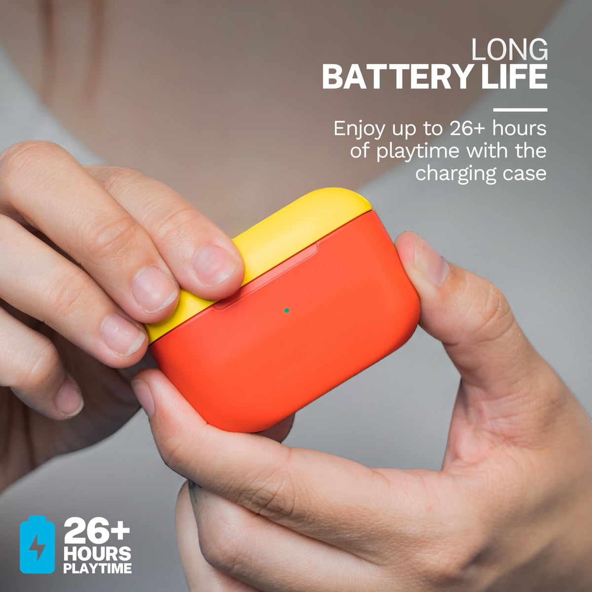 JLab Go Pop+ in-ear during commute, illustrates secure fit and hands-free use