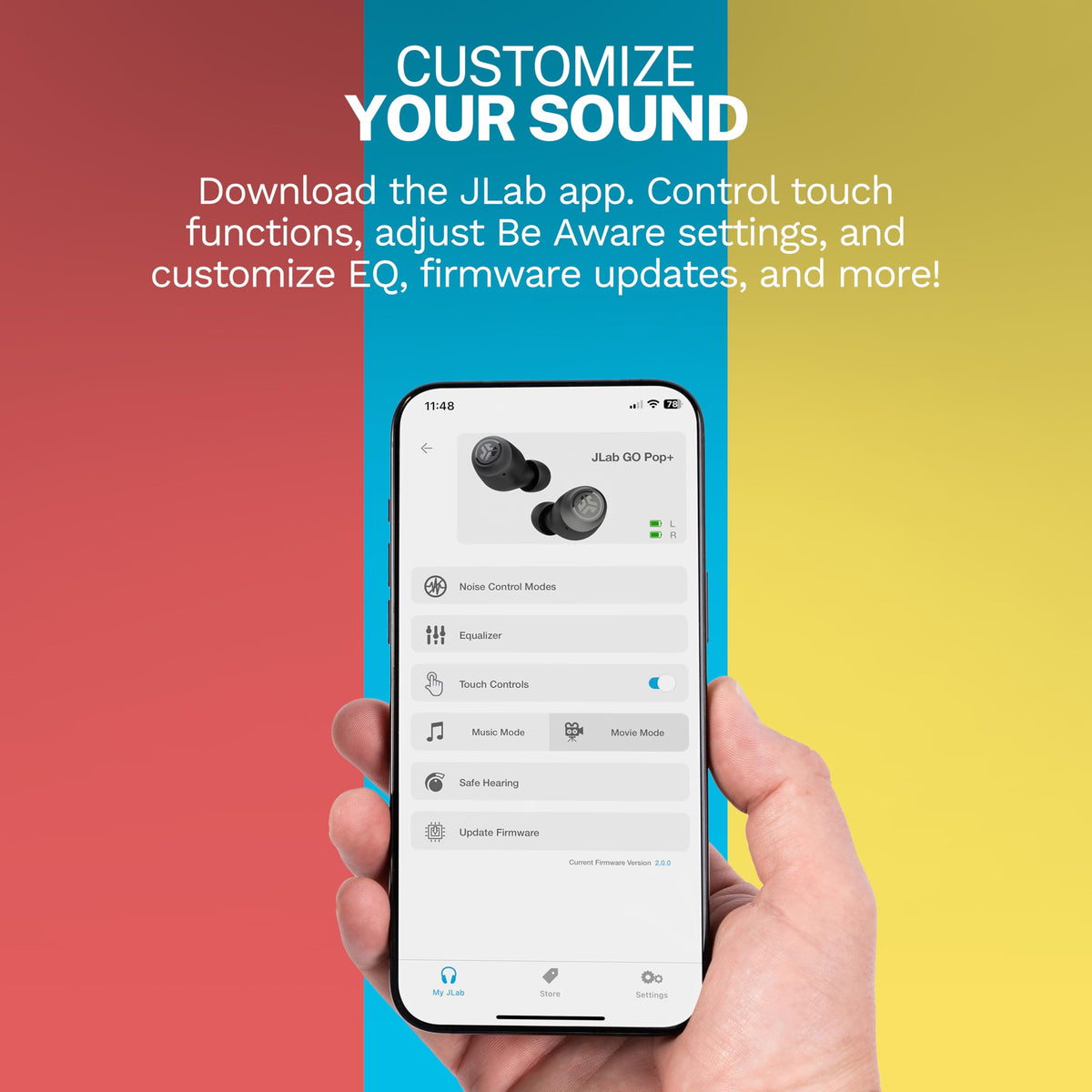 JLab Go Pop+ open USB-C charging case with earbuds visible, shows battery convenience