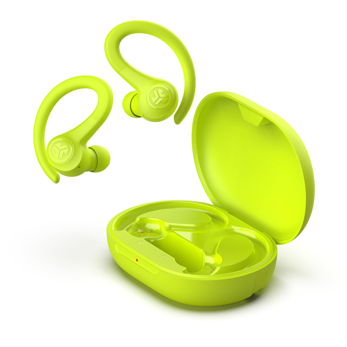JLab Go Sport+ charging case with integrated USB cable plugged in showing no extra cord needed