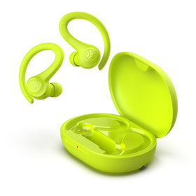 JLab Go Sport+ charging case with integrated USB cable plugged in showing no extra cord needed
