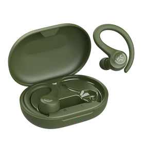 JLab Go Sport+ case underside label showing specs and two-year warranty