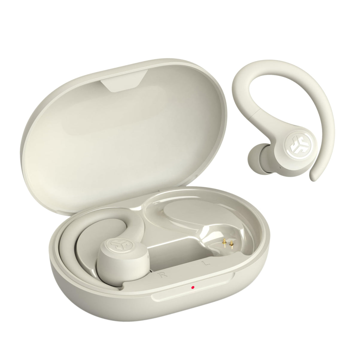 JLab Go Sport+ charging case with built-in USB cable visible for convenient cord-free charging