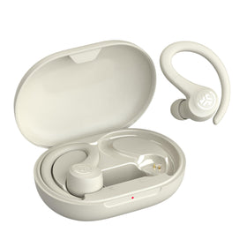 JLab Go Sport+ charging case with built-in USB cable visible for convenient cord-free charging