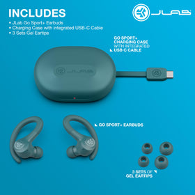 JLab Go Sport+ charging case open displaying long battery and storage