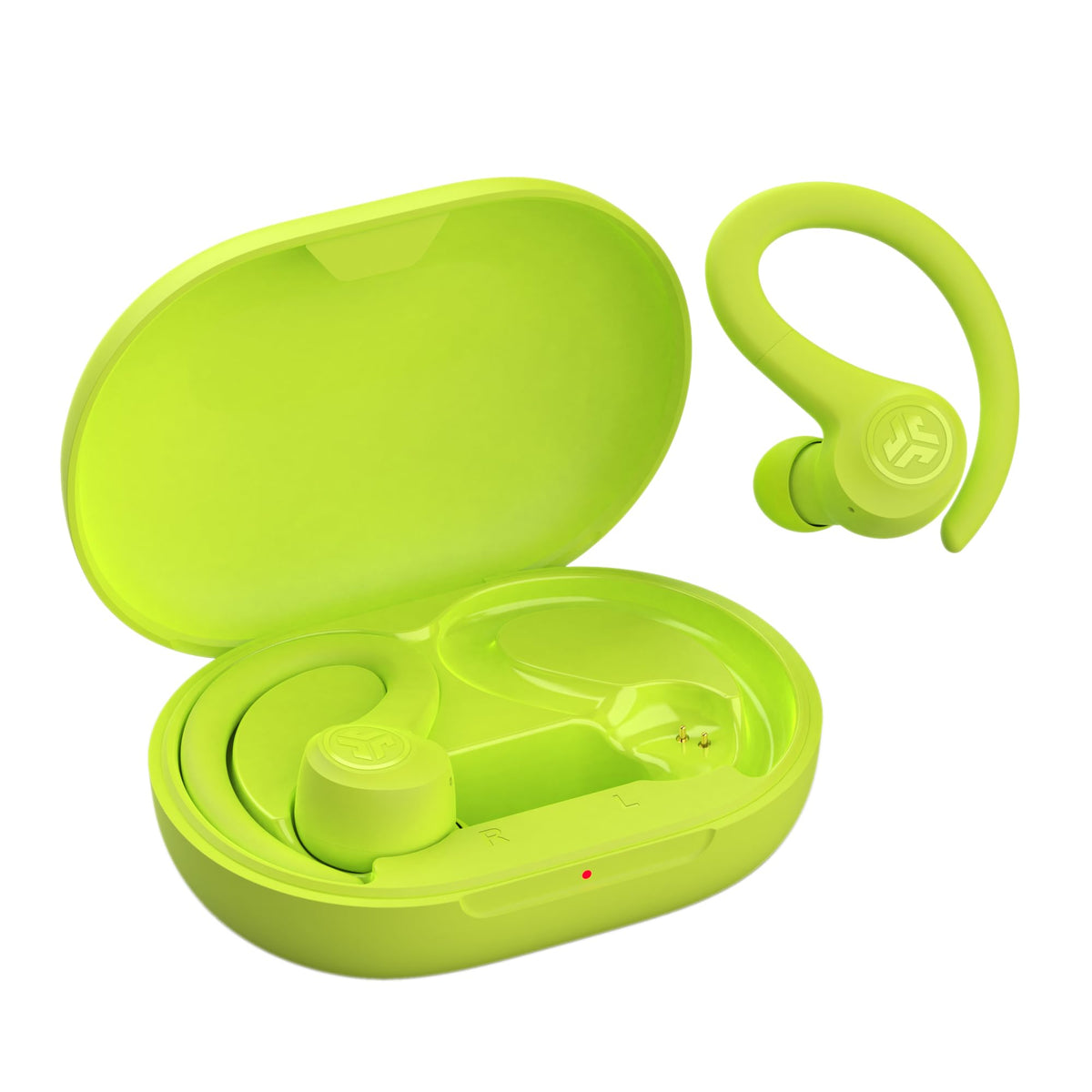 JLab Go Sport+ charging case beside phone showing compact scale and travel-friendly design