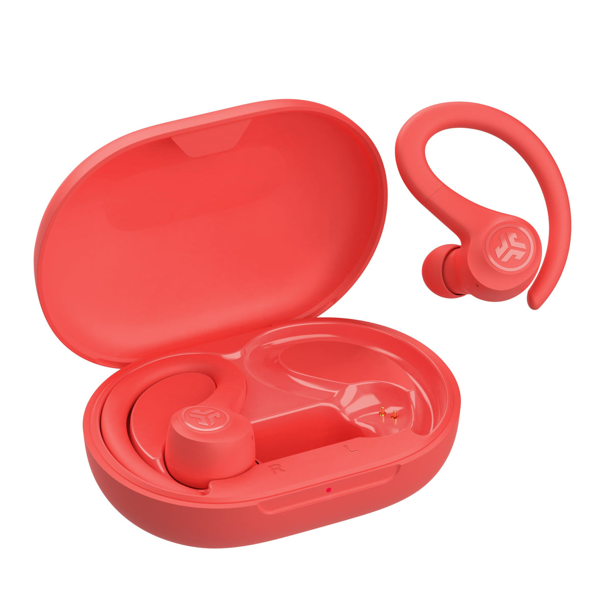 JLab Go Sport+ front packaging in coral showing product and benefits