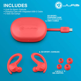 JLab Go Sport+ coral label and ports detail showing integrated USB cable