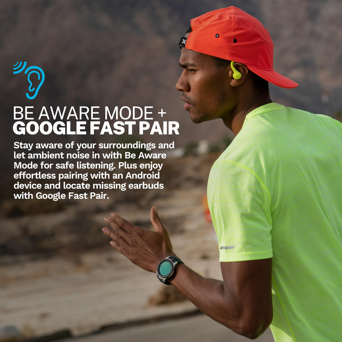 JLab Go Sport+ earbud close-up showing textured controls and grip for stable workouts