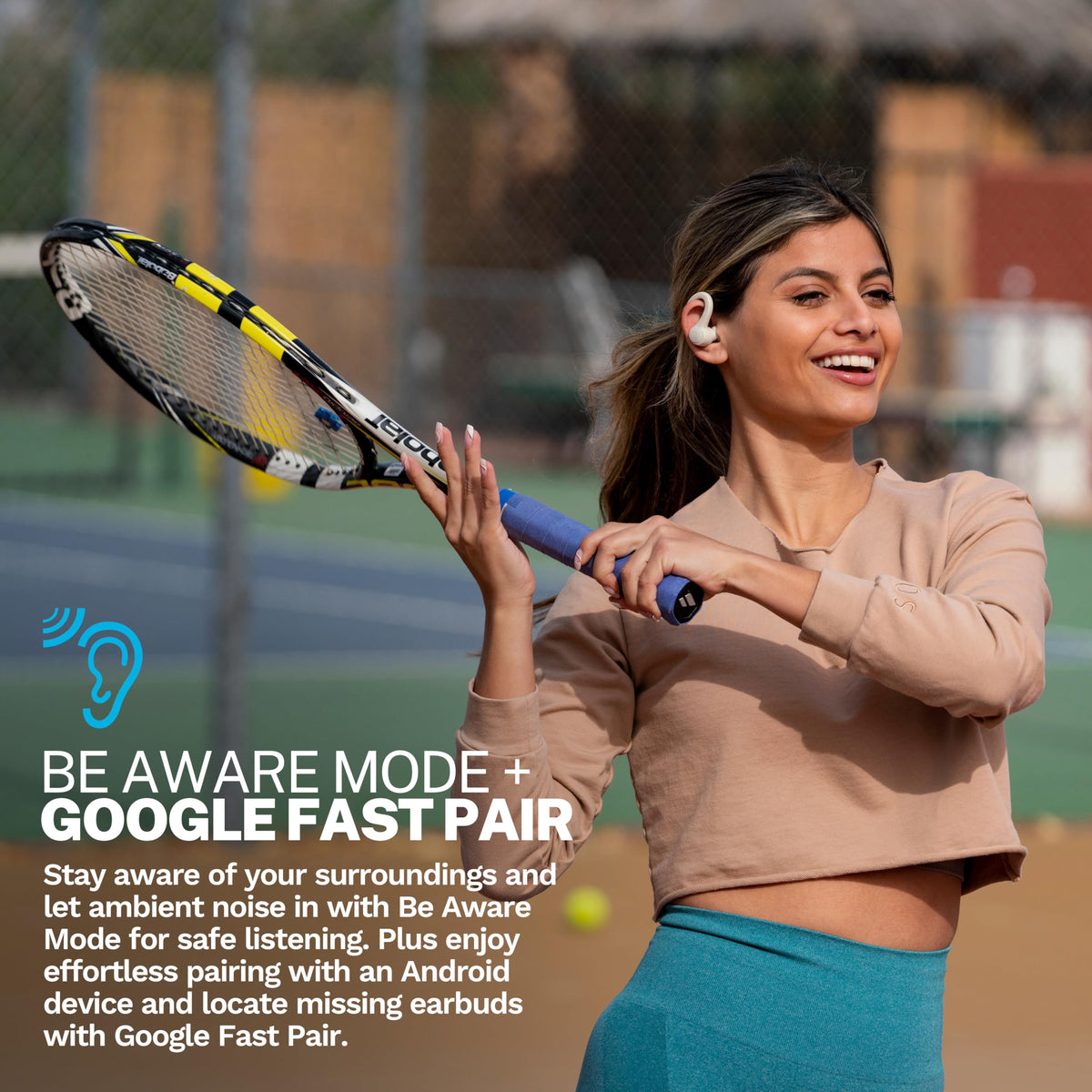 JLab Go Sport+ earhook close-up showing ergonomic fit and secure retention during movement