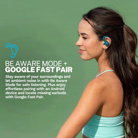 JLab Go Sport+ earhook close-up showing secure fit for workouts