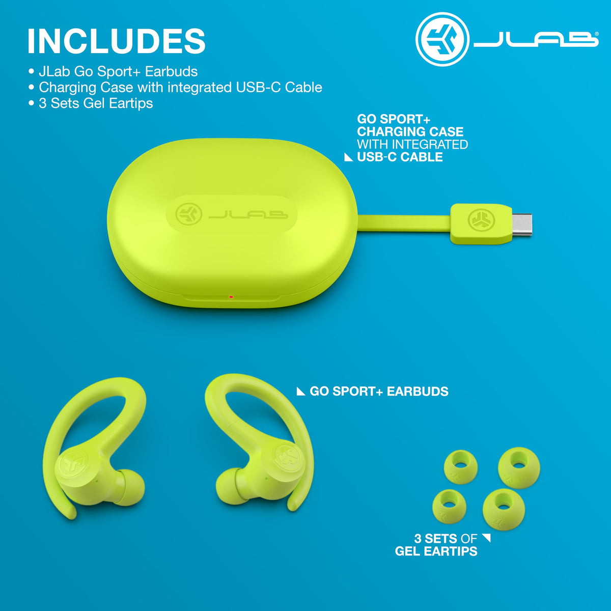JLab Go Sport+ earhook fitted on ear demonstrating secure fit for active movement