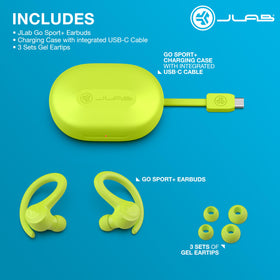 JLab Go Sport+ earhook fitted on ear demonstrating secure fit for active movement