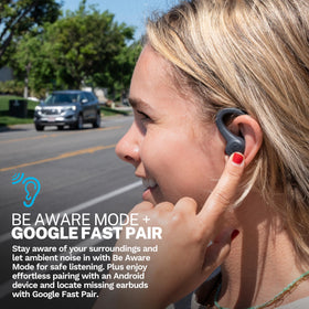 JLab Go Sport+ ergonomic earhook ensures secure fit during runs.