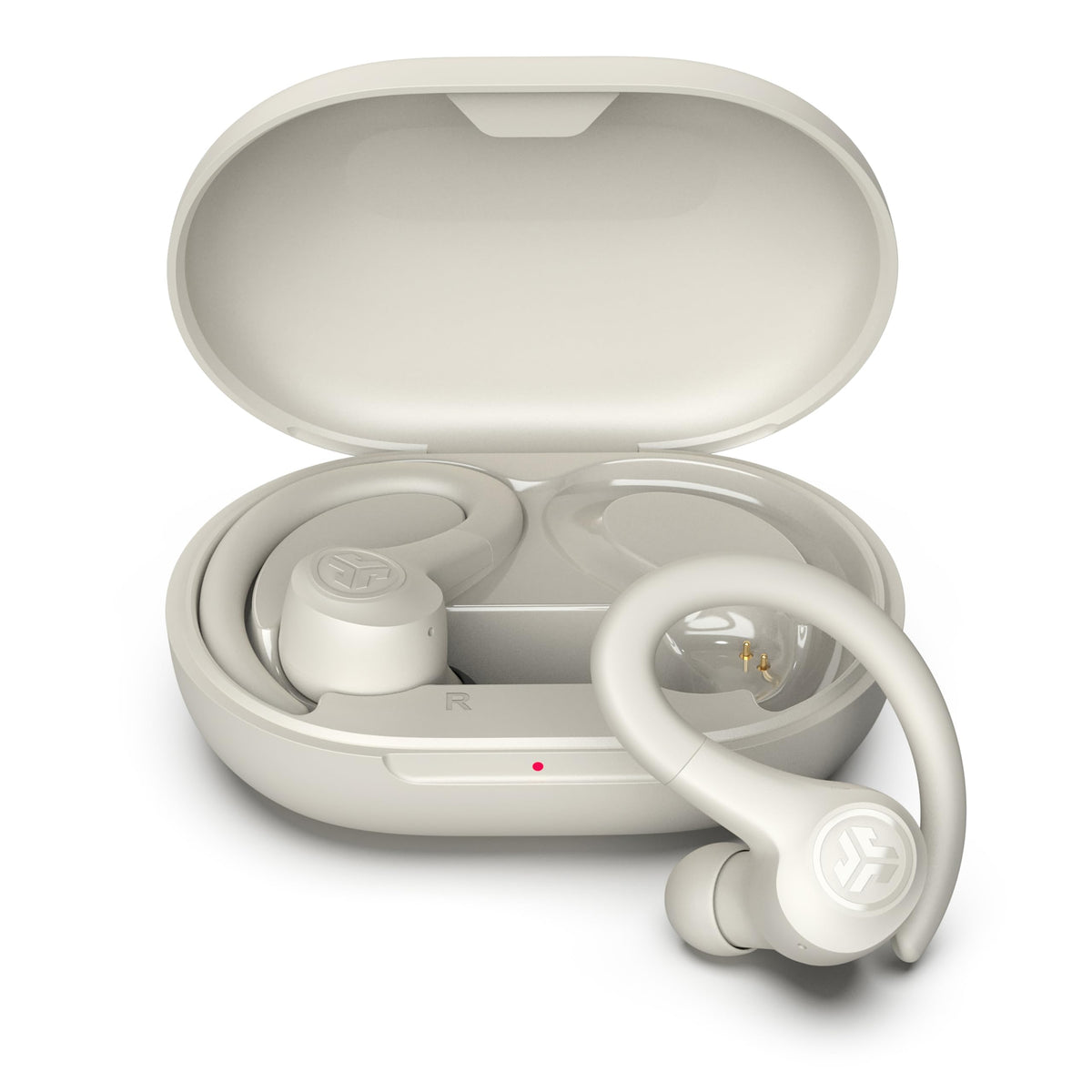 JLab Go Sport+ front view in sand showing compact case and earbuds for portable workouts