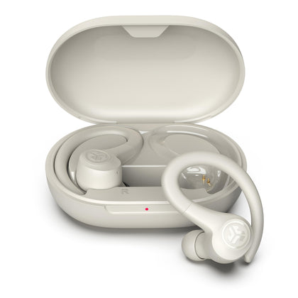 JLab Go Sport+ front view in sand showing compact case and earbuds for portable workouts
