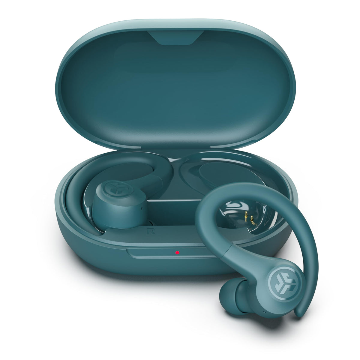 JLab Go Sport+ front packaging in teal showing contents and benefits