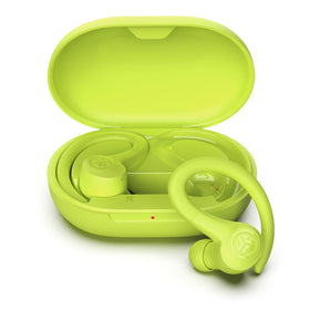 JLab Go Sport+ front packaging showing bright yellow earbuds and logo, highlights durability