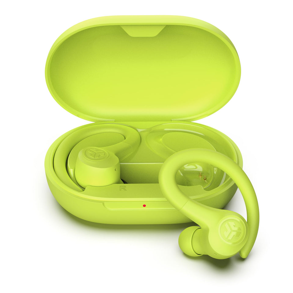 JLab Go Sport+ front packaging showing bright yellow earbuds and logo, highlights durability