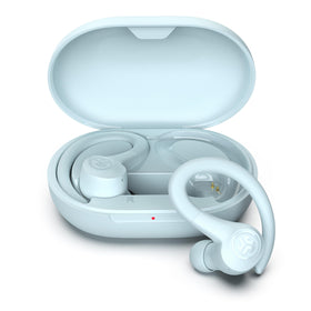 JLab front view light blue earbuds showing design and clear brand styling