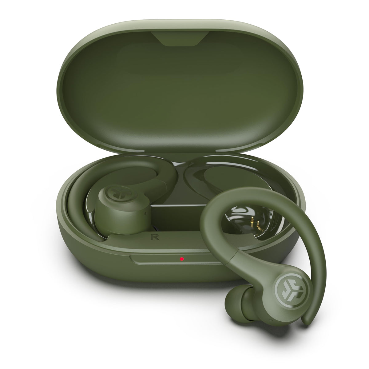 JLab Go Sport+ front view showing compact case and earbuds for easy carry