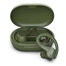 JLab Go Sport+ front view showing compact case and earbuds for easy carry