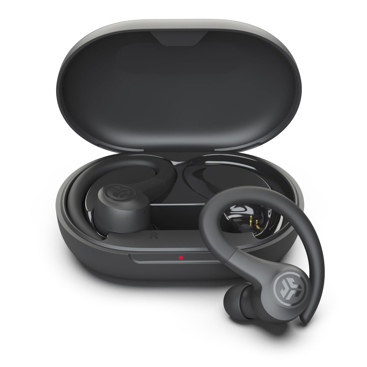 JLab Go Sport+ graphite earbuds with ergonomic fit for secure workouts.