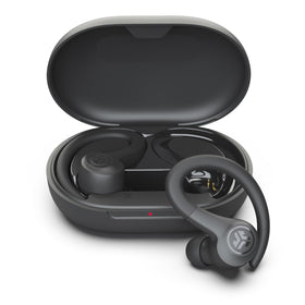 JLab Go Sport+ graphite earbuds with ergonomic fit for secure workouts.