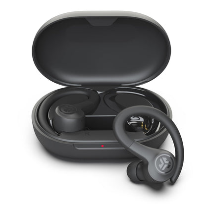 JLab Go Sport+ graphite earbuds with ergonomic fit for secure workouts.