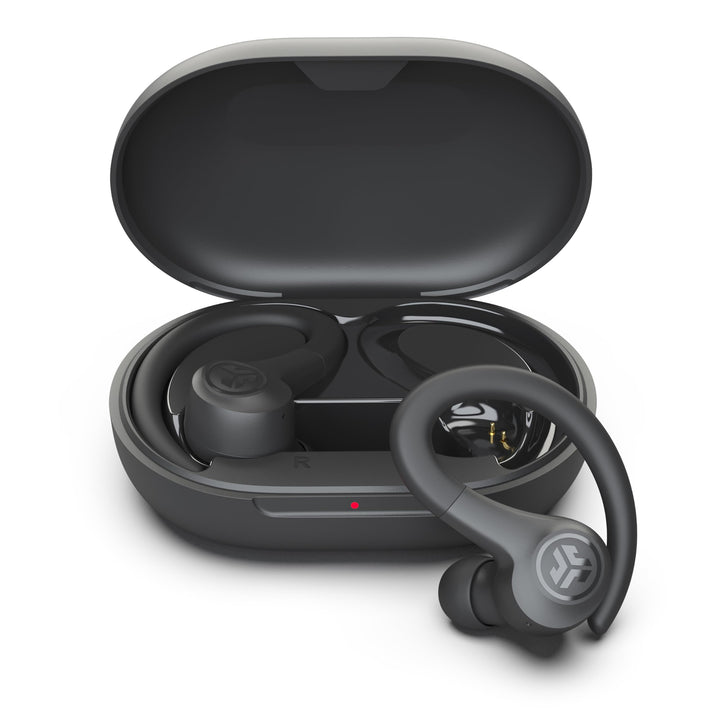 JLab Go Sport+ graphite earbuds with ergonomic fit for secure workouts.