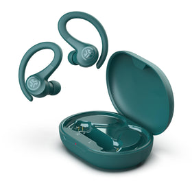 JLab Go Sport+ in-ear action with runner illustrating stable fit and sweat resistance