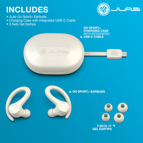 JLab Go Sport+ held in hand to show size and lightweight design for easy transport