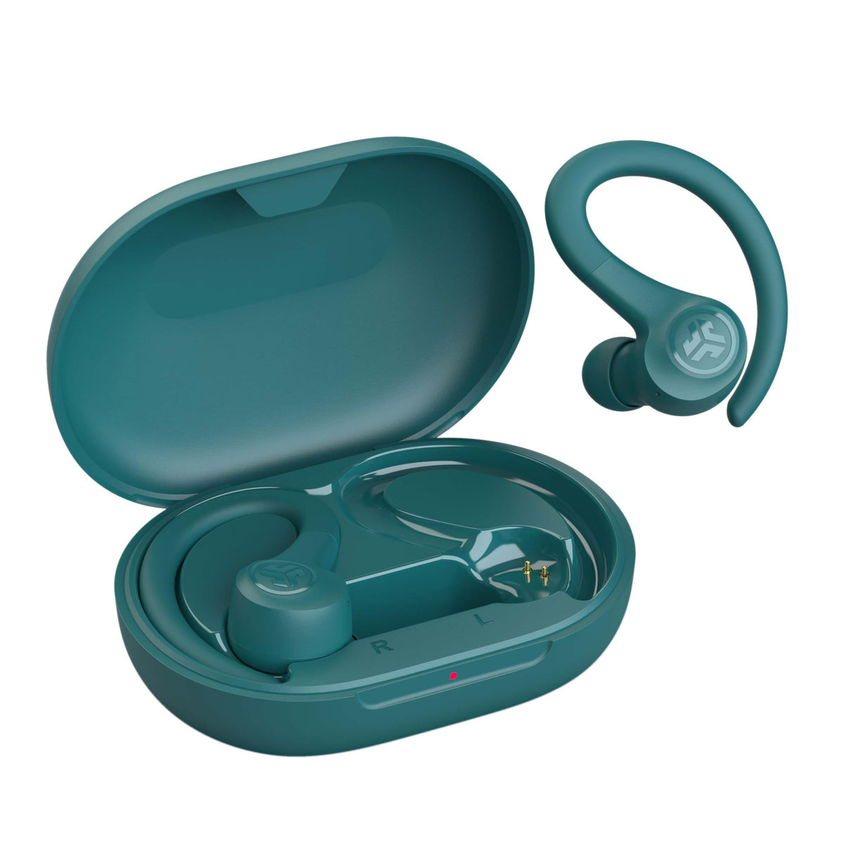 JLab Go Sport+ next to smartphone to show scale and multipoint convenience