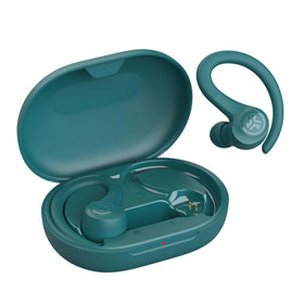 JLab Go Sport+ next to smartphone to show scale and multipoint convenience