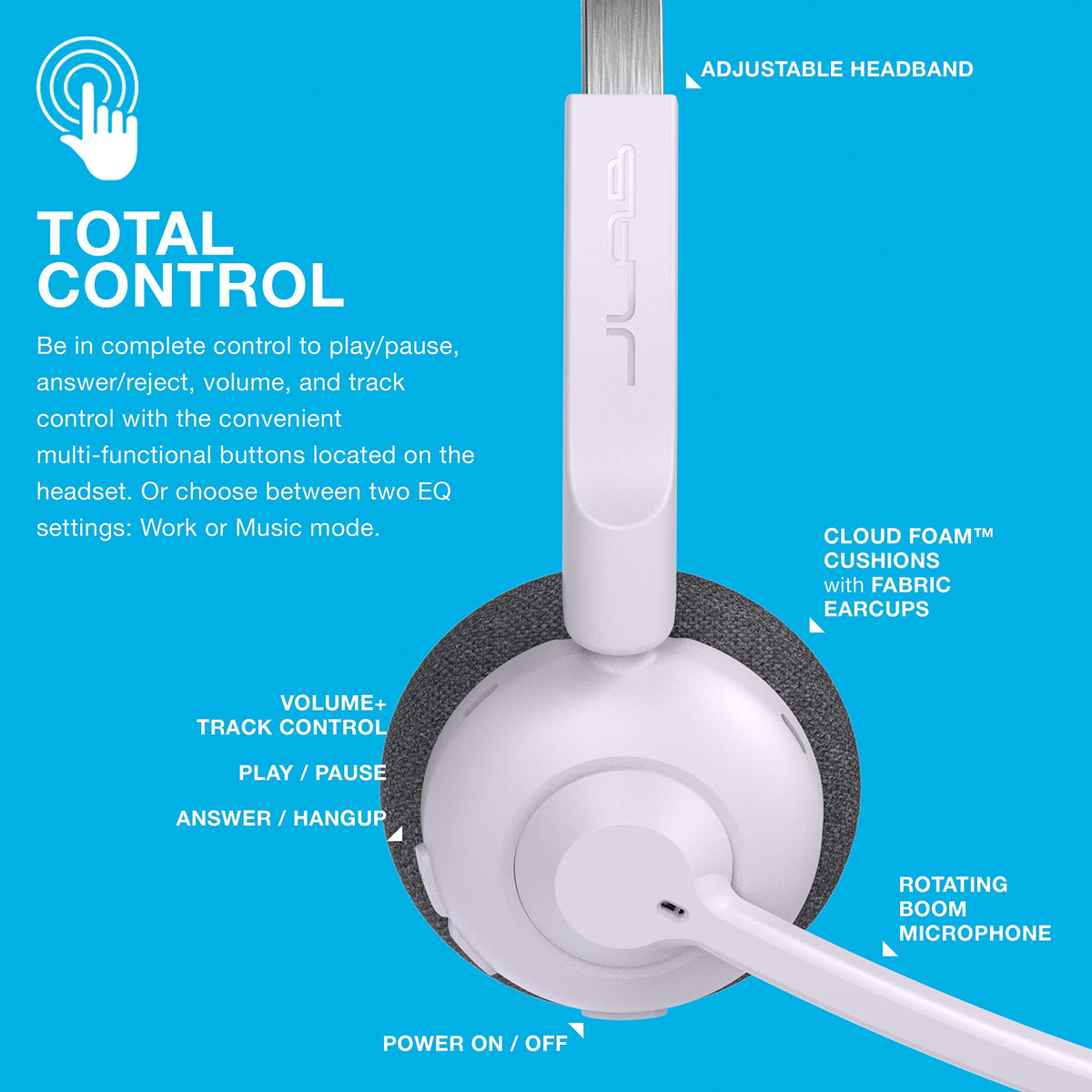 JLab Go Work Pop flip-to-mute mic for focused work.